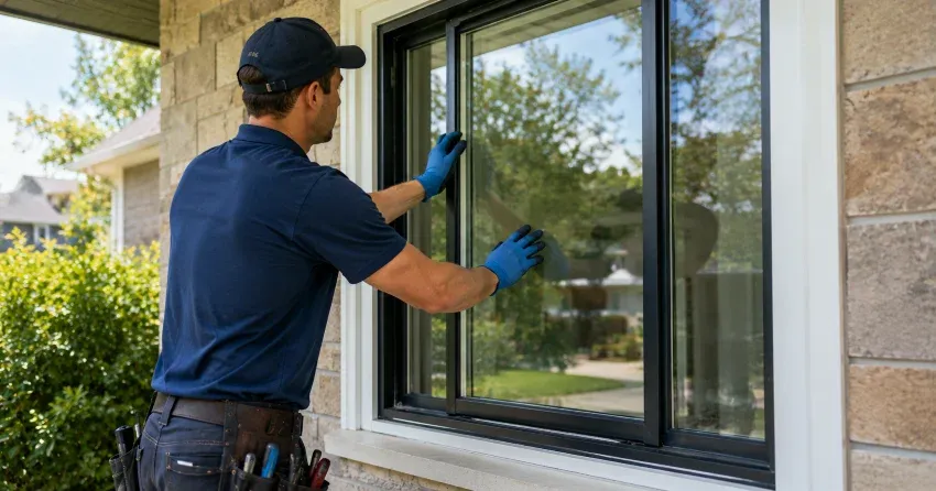 technician measuring a broken window pane for replacement in Dickson Hill, Markham