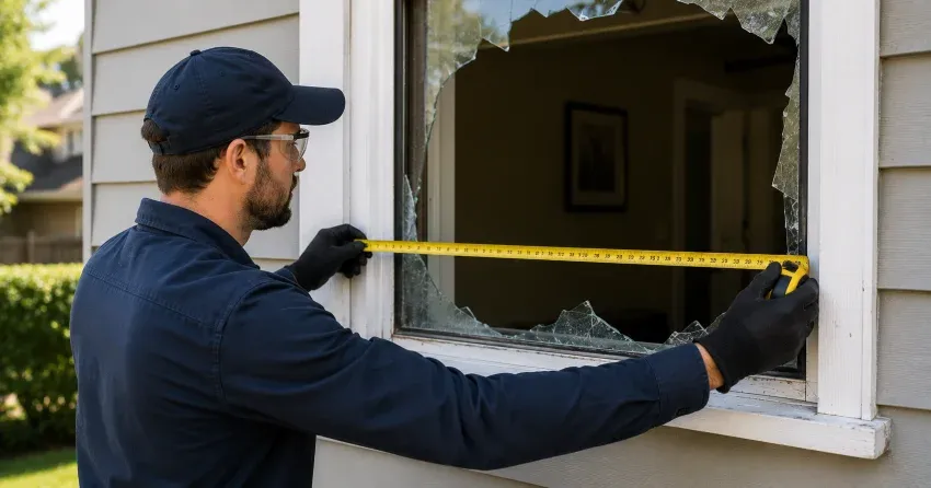 plywood board-up installed on a broken window Markham