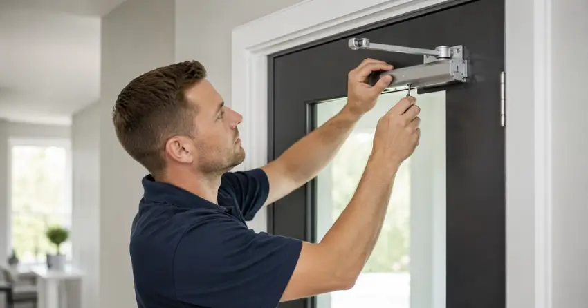 technician adjusting door closer hydraulic valve in Dickson Hill, Markham home