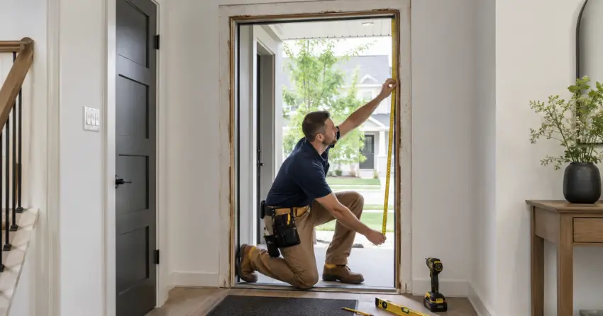 technician measuring a door frame before new door installation in Dollar, Markham