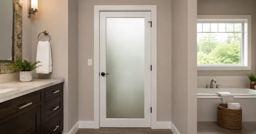 frosted glass panel bathroom door installed in a Middlefield, Markham home