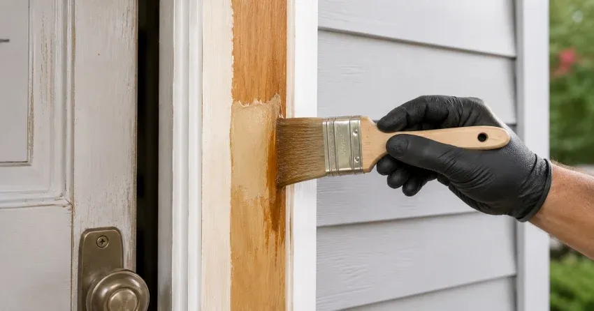 technician probing rotted wood on a door frame in Berczy Village, Markham