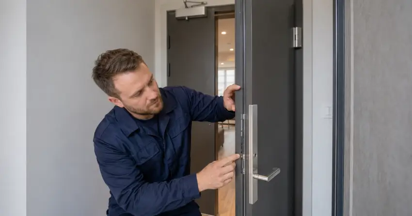 technician inspecting fire-rated door seal and hardware in Dollar, Markham