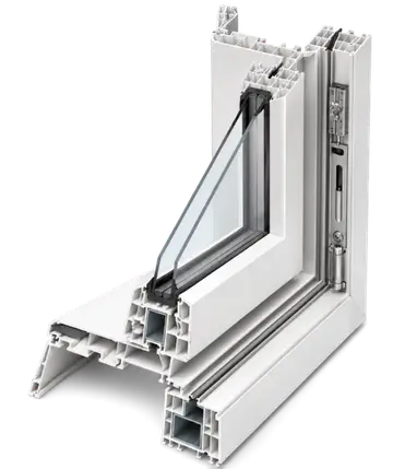 A cutaway window frame exposing the steel core and multi-chamber profile